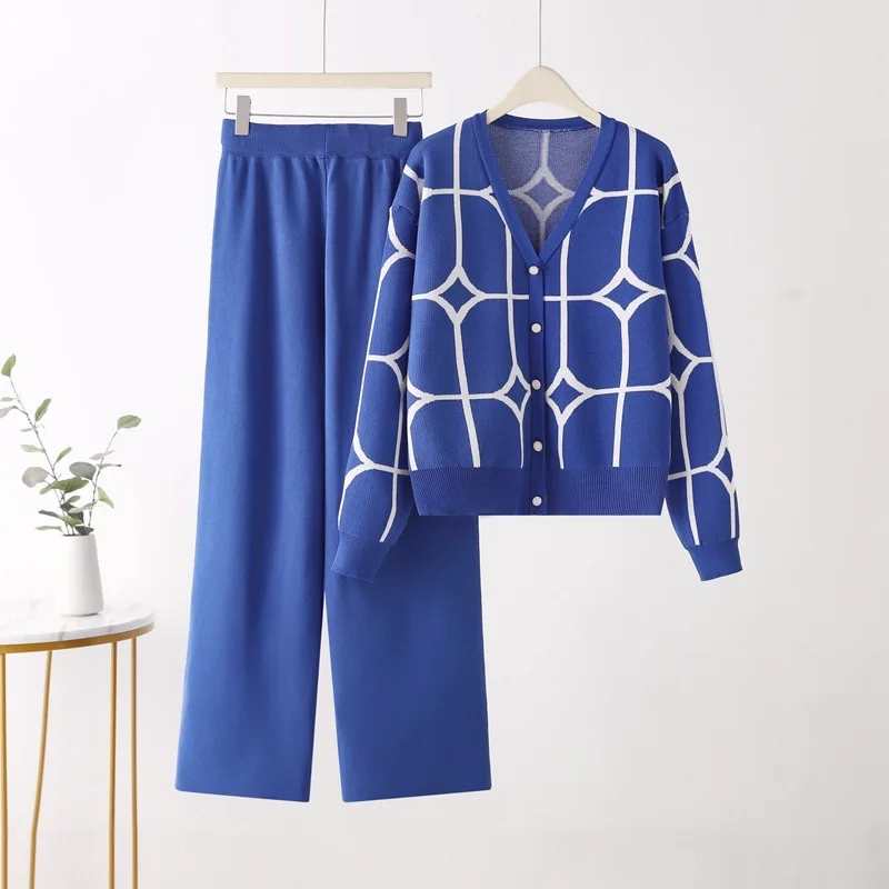 Casual Women Knited Fall Winter 2 Piece Sets Elegant V-neck Korea Cardigan Coats Tops Outfit New High Waist Wide Leg Pants Suit