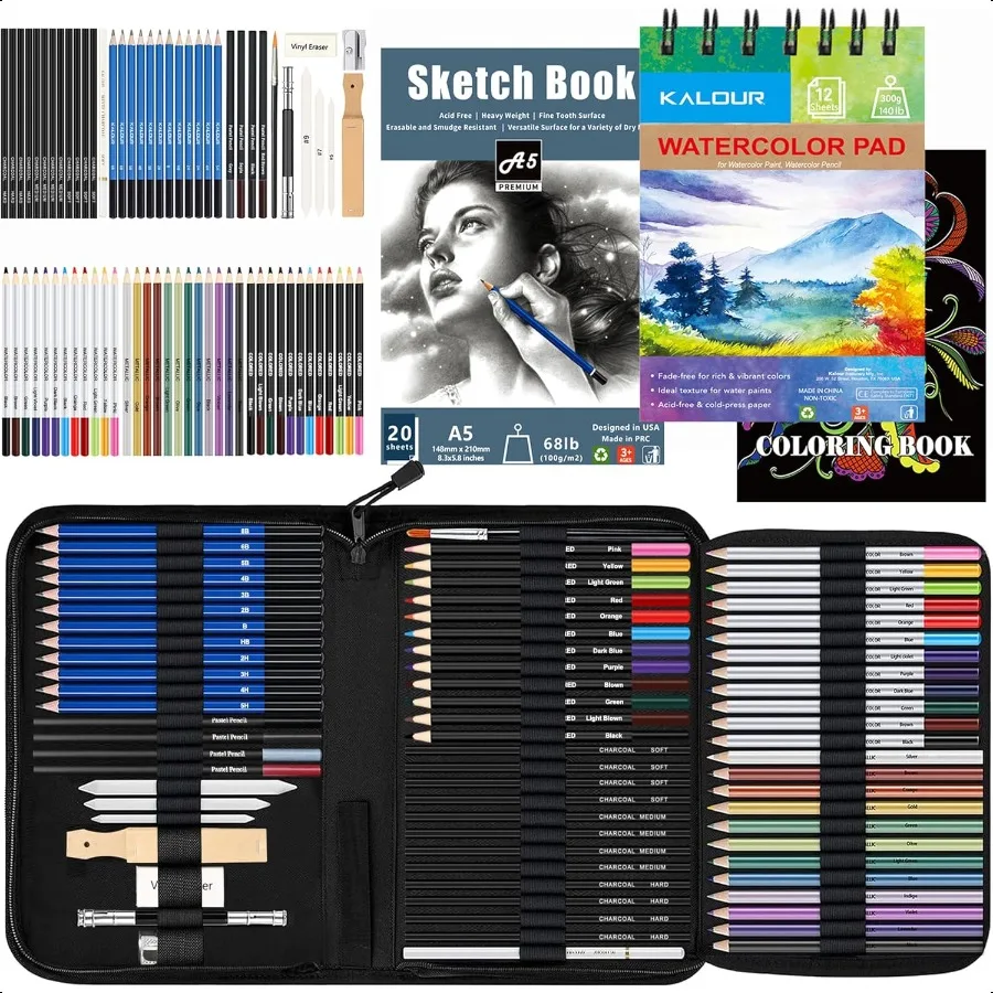 

KALOUR 76pc Art ply Set Sketching Drawing Kit with Tutorial Book Sketchbook Paper Pencils Pastels Watercolors for Beginner Arti