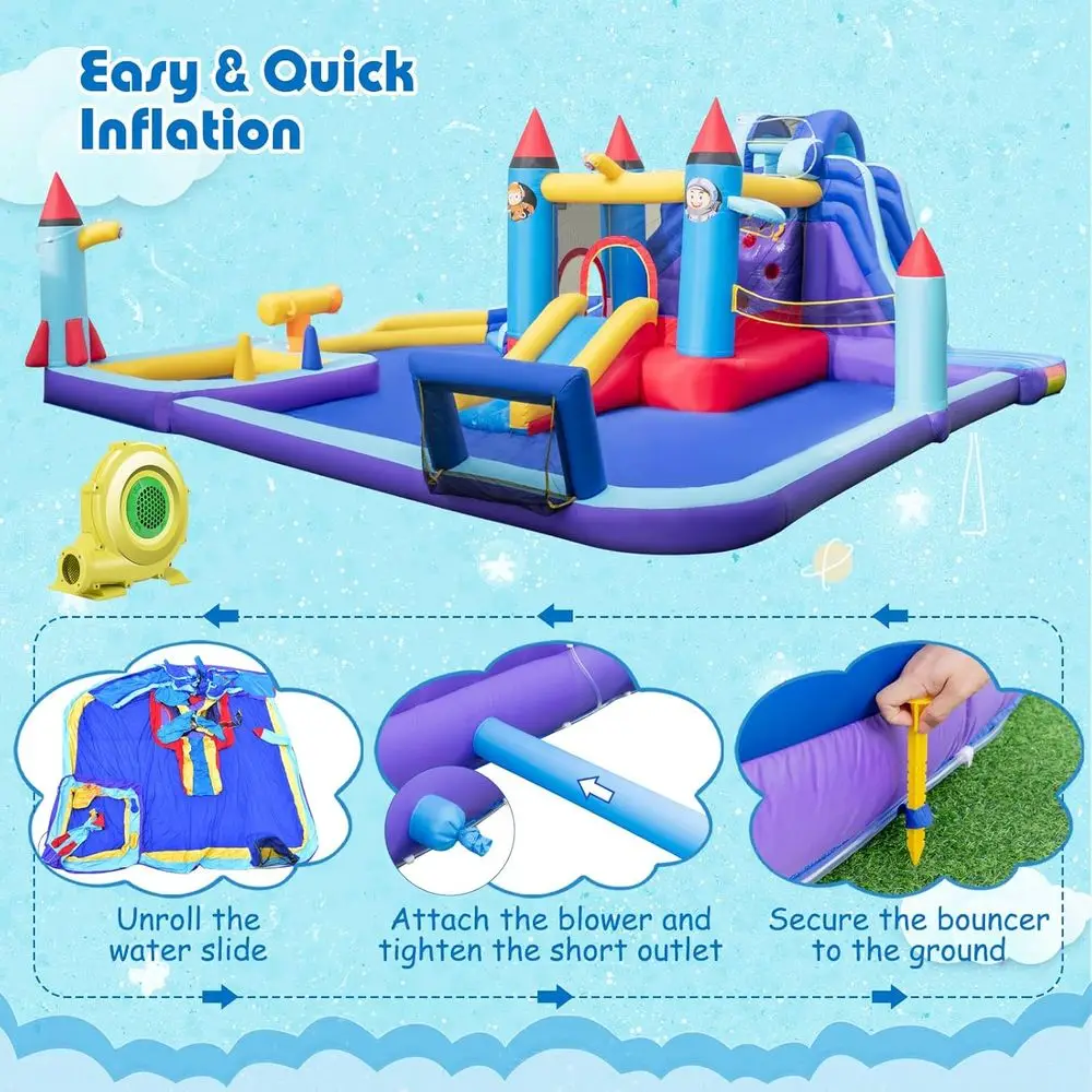 Nadmuchiwana zjeżdżalnia wodna, gigantyczny park wodny z zamkiem dmuchanym z podwójnymi zjeżdżalniami, basenem do zabawy, siatkówką i bramką do piłki nożnej, Blow U