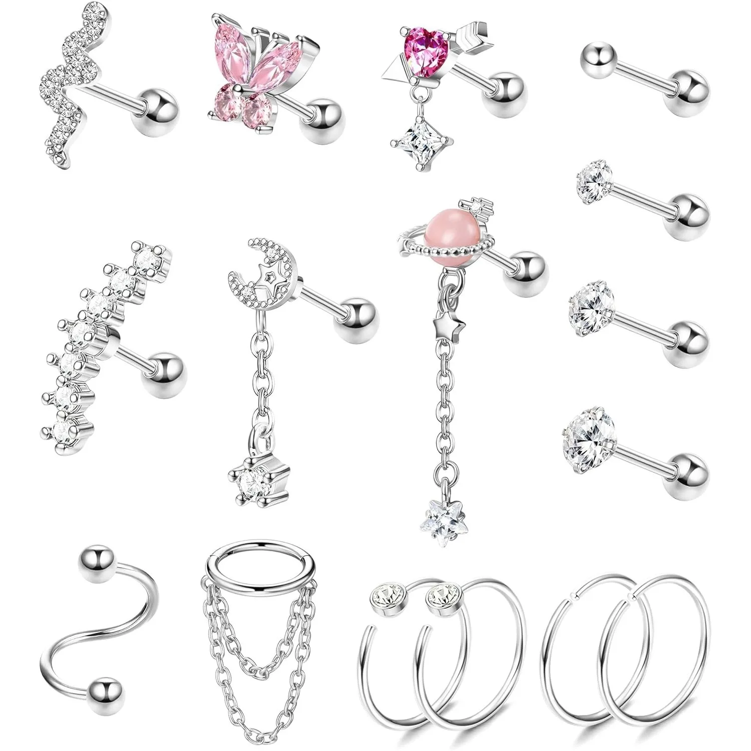 

Bobisty 16PCS 16G Cartilage Surgical Steel Earrings Set for Women Men CZ Helix Conch Earrings Cartilage Piercing Jewelry Gift