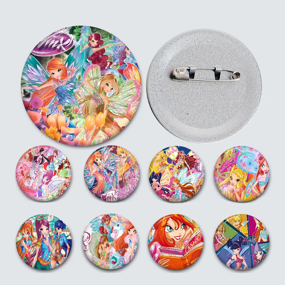 Alfileres creativos W-Winx Clubs para niña, broche redondo divertido a presión, insignia, mochila, sombrero, accesorios, joyería, regalos para amigo