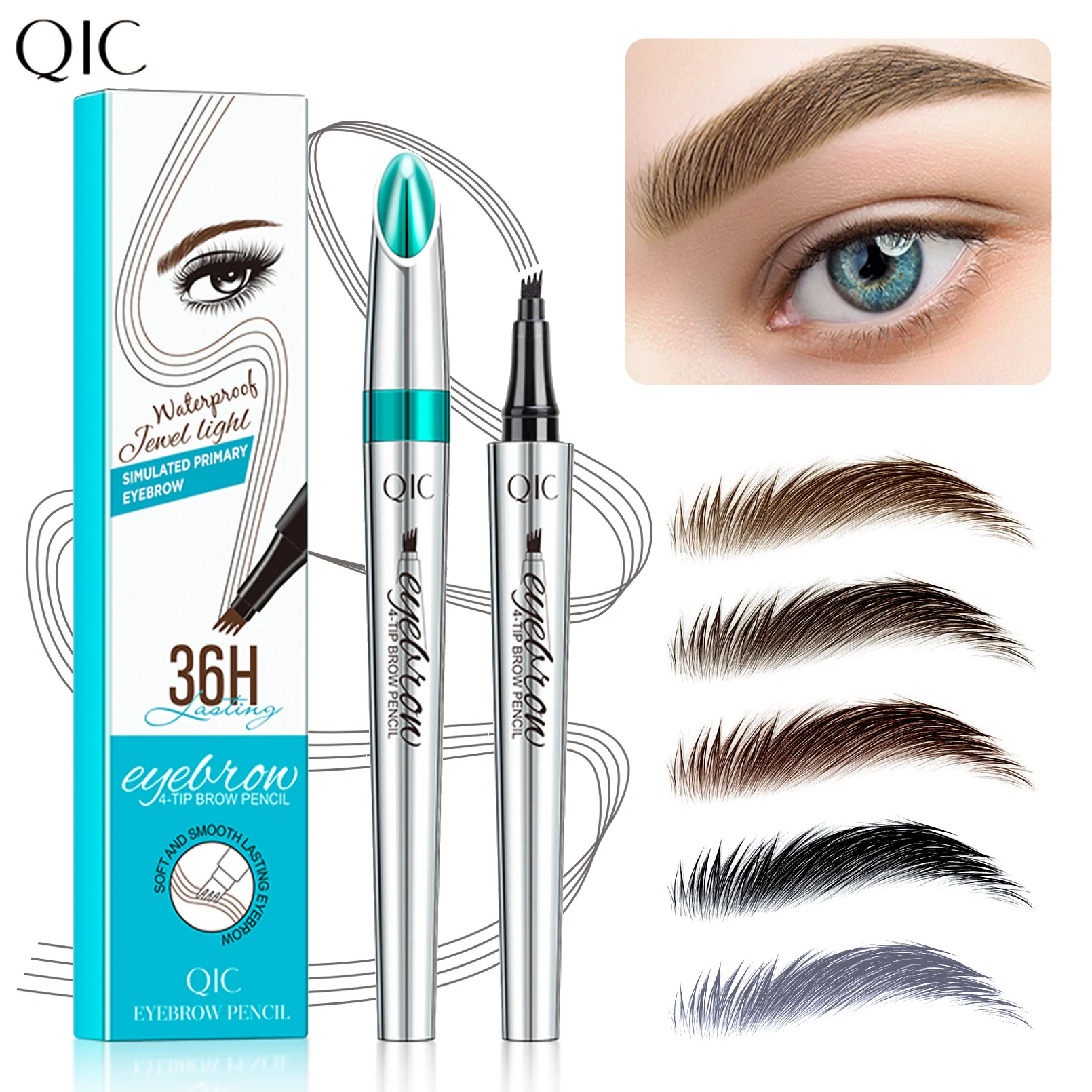 QIC Four-Pronged Eyebrow Pencil, Four-End, Long-Lasting, Non-Smudged, Water-Resistant, Anti-Smudged Eyebrow Pencil