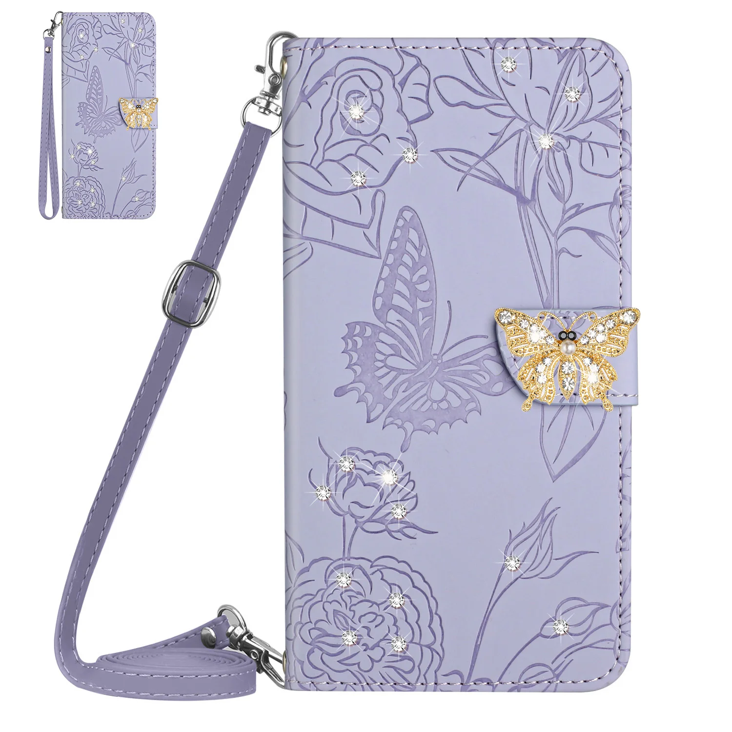 Butterfly Buckle Crossbody Leather Flip Case For Samsung Galaxy S22 Ultra S21 Plus S20 FE S10e Lanyard 3 Cards Slot Wallet Coque