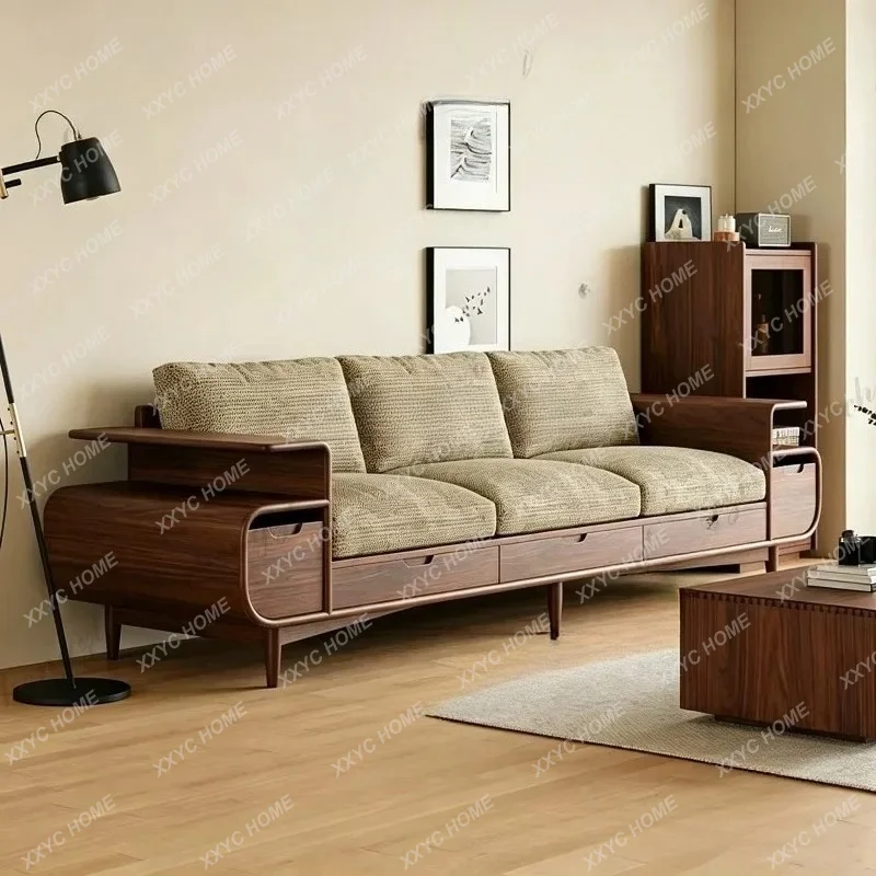 XX New Chinese-style  black walnut solid wood storage sofa office three-person straight-row sofa