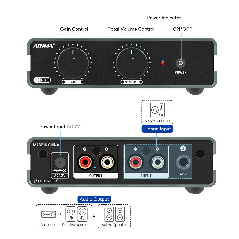 AIYIMA-preamplificador de Audio T3 Pro Mini MM/MC para tocadiscos, fonógrafo, reproductor de discos de vinilo, preamplificador estéreo, ajuste de ganancia