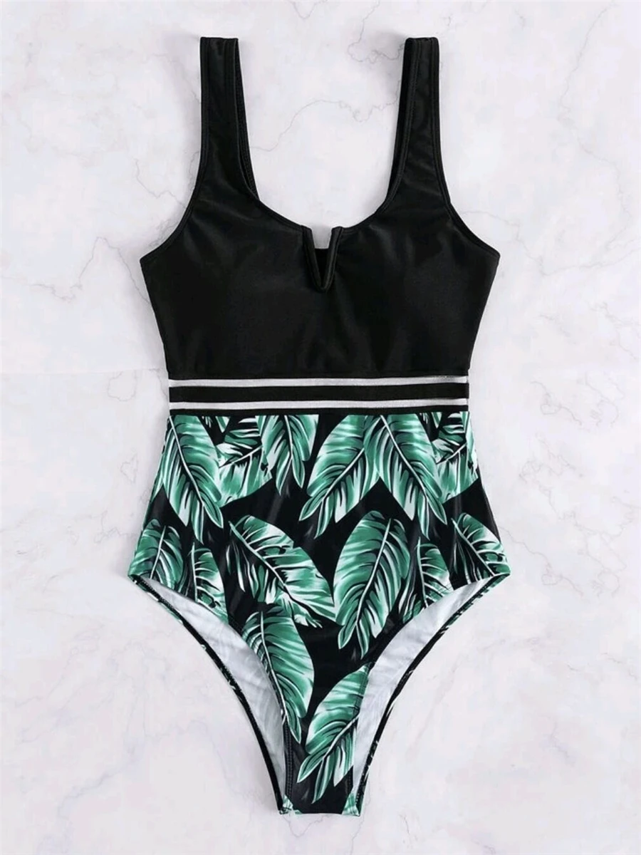 V Wire Mesh Tape Swimsuit 2023 One Piece Sexy Swimwear Women Leaf Printed Bathing Suit Female Padded Swimming Beachwear Bodysuit