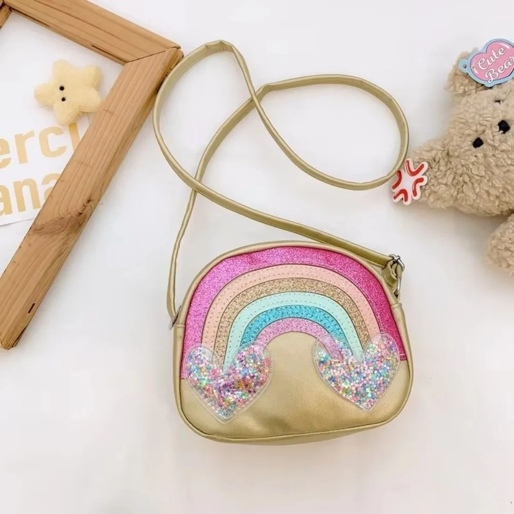 Casual PU Leather Shoulder Bags Rainbow Heart Sequins Print Coin Purse Clutch Style Portable Children Purse For Girls