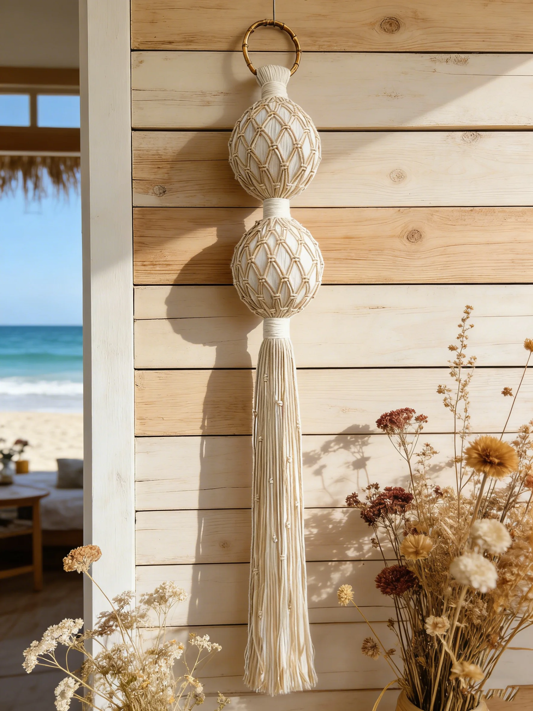 Double Sphere Macrame Wall Hanging | Woven Cage Fiber Art | Bamboo Ring Tassel Decor