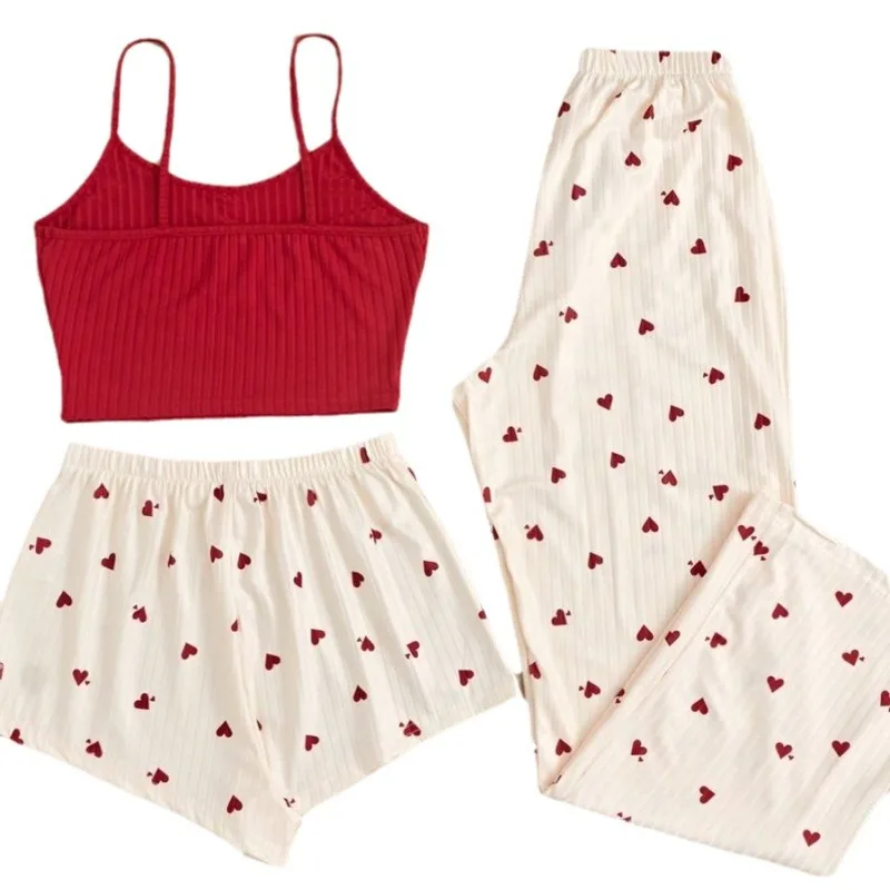 Three Piece Printed Vest Shorts and Bow Drawstring Pants Casual Women\'s Cute Heart-Shaped Print Paired with Home Pajamas Set