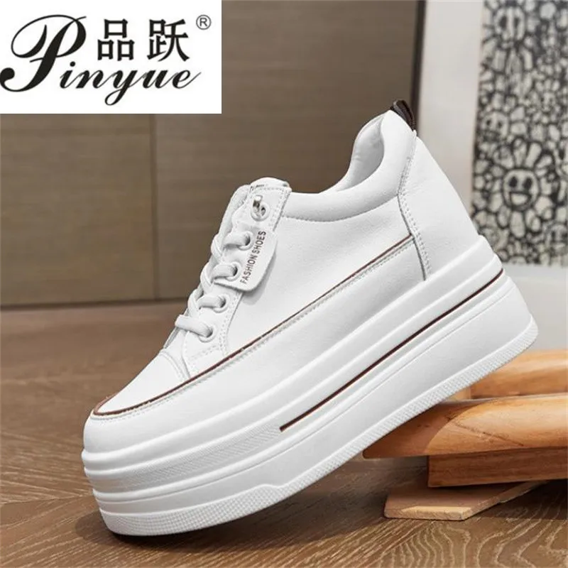 8cm Genuine Leather Women Platform  Hollow Sneakers Spring Casual Vulcanized Wedge Shoes Ladies Thick Bottom Court Sneaker 34-40