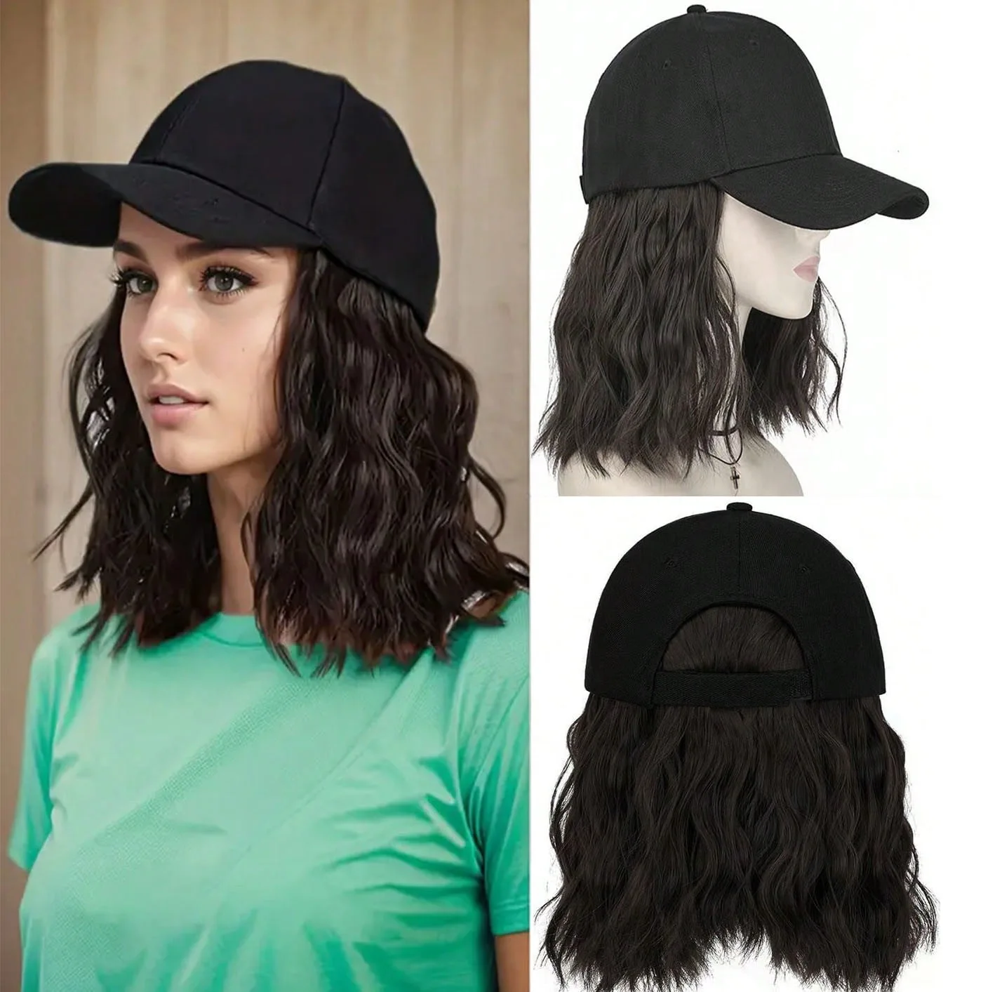 Hat Wig for Women, Short Wave Baseball Cap Wig with Curly Synthetic Hair Extensions, Adjustable Brown Black Baseball Hat Wig