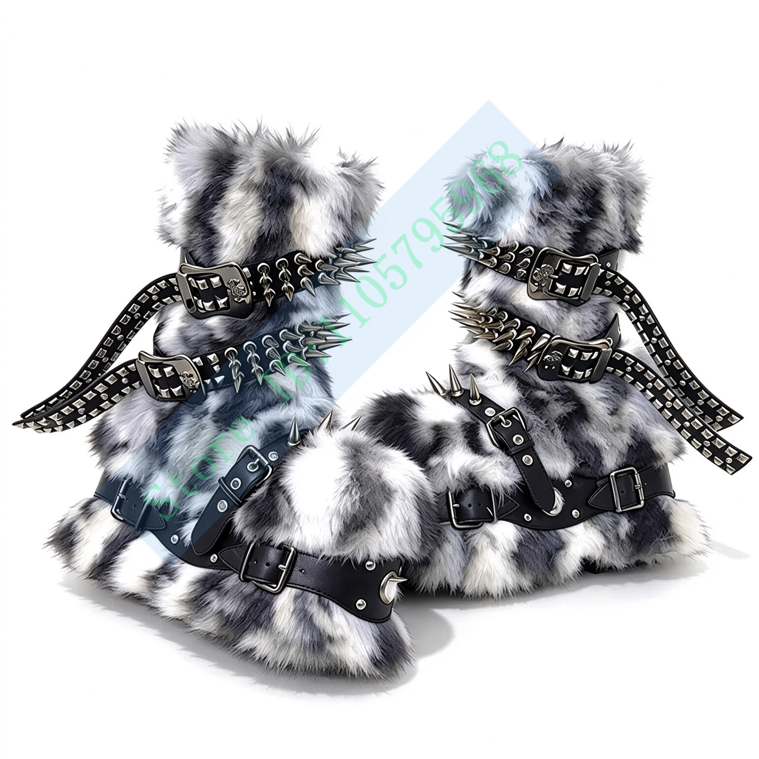 Women Fluffy Platform Mid Calf Boots Punk Spiked Multi Buckle Straps Gothic Y2K Shoes for Club Party Cosplay Street Wear