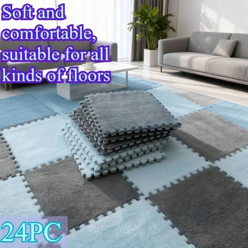 24pc Inspired Interlocking Carpet Pads, Easy To Clean, Square Pattern, Non-Slip EVA Backing, Protective Floor Tiles