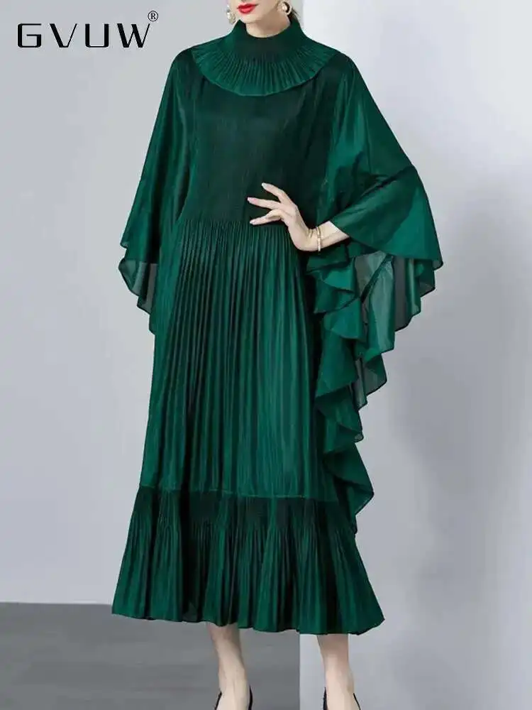 GVUW vestido elegante plisado mujer moda solapa manga de murciélago completa una línea volantes nuevo 2025 vestidos largos de fiesta de noche 17G5783