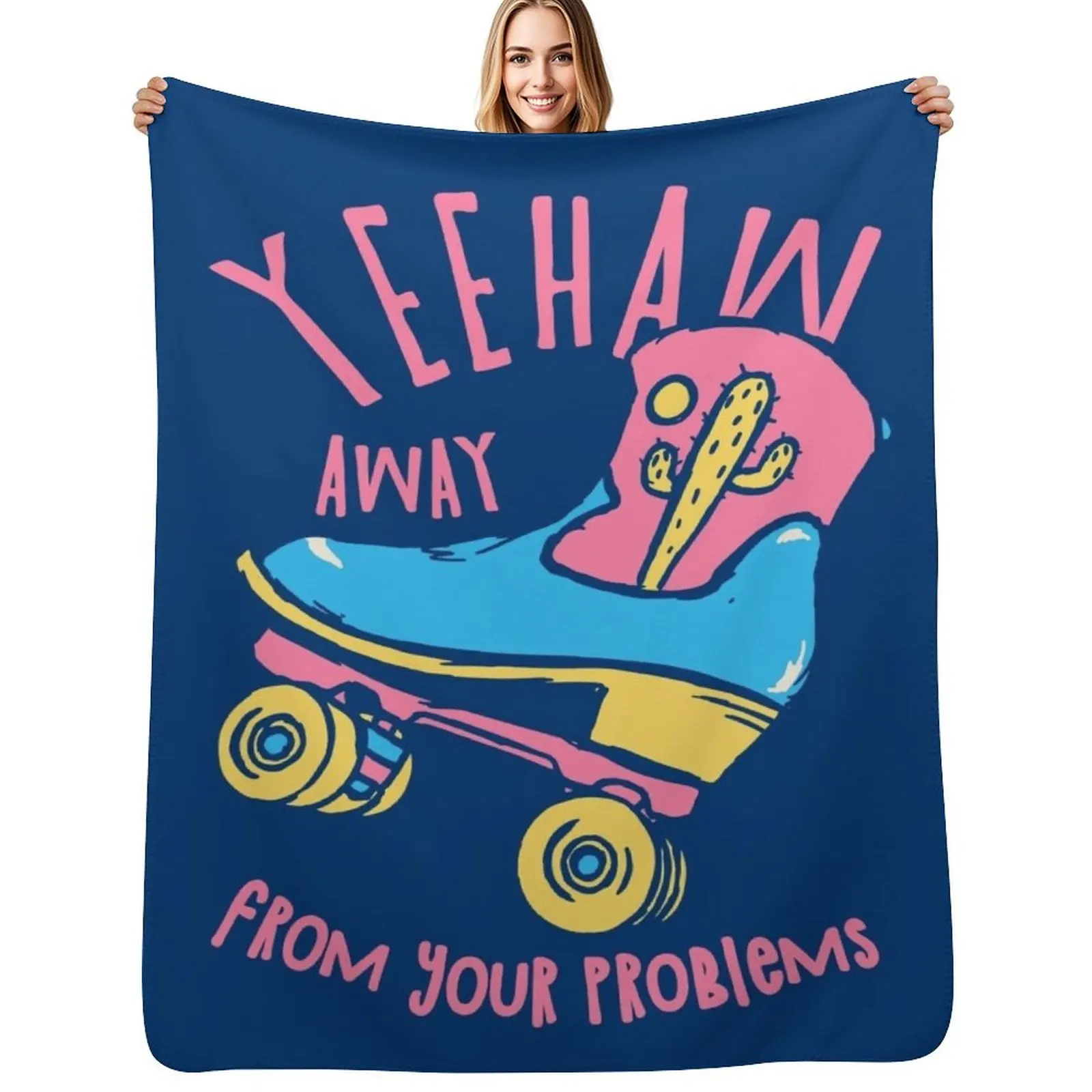 

YeeHaw Away From Your Problems Blue BG Funny Adulting Yee Haw Cowboy Boot Roller Skater Boots MEME Throw Blanket