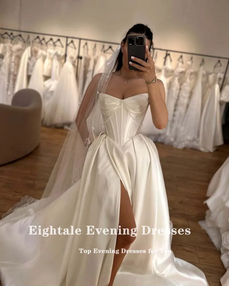Eightale คําชุดแต่งงานที่กําหนดเอง Sweetheart ลูกปัดงาช้างซาติน High Side Slit A-Line ชุดเจ้าสาว Vestidos De Novia