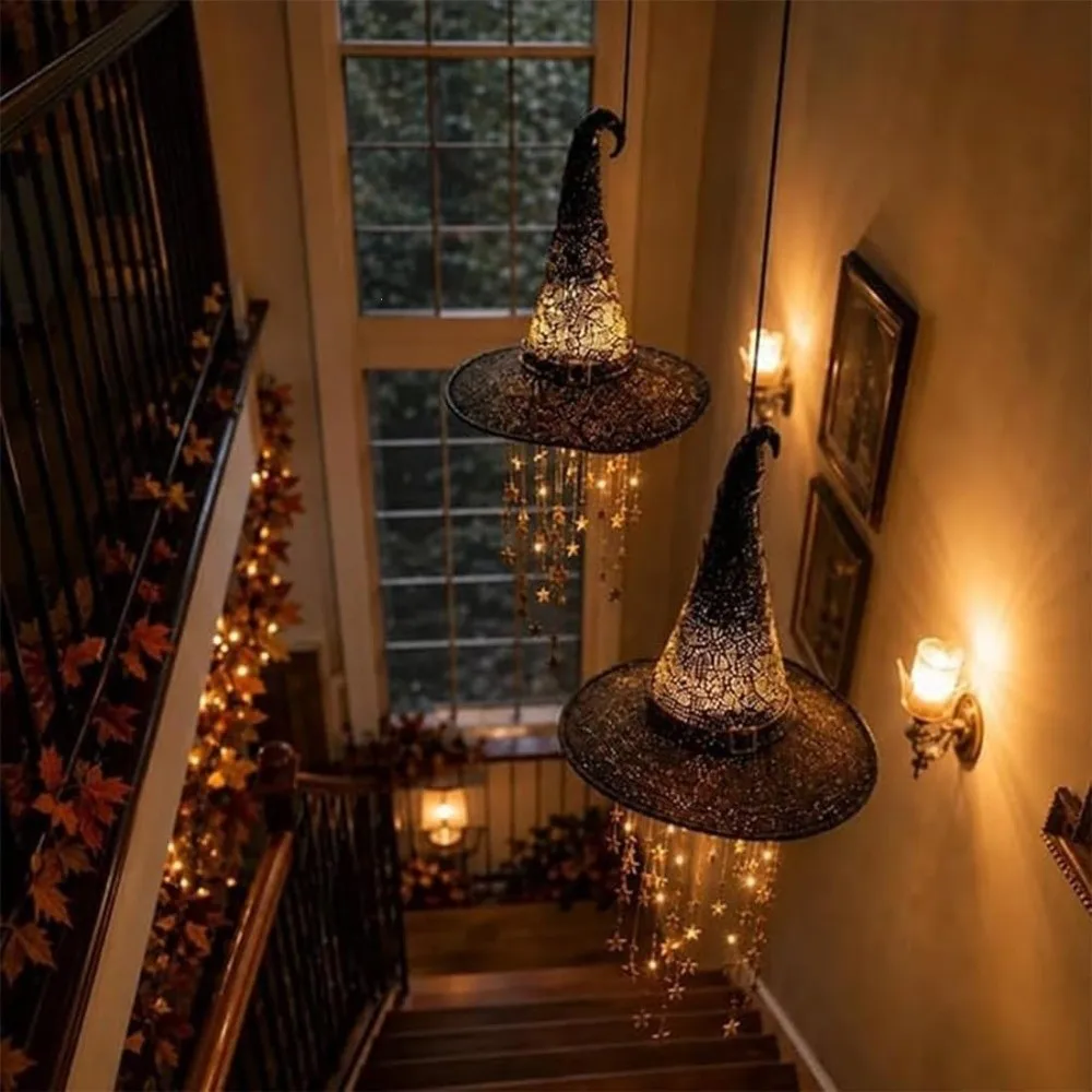 Glowing LED Witch Hat Hanging Chime Hollow Out Spooky Halloween Witch Hat Decor with Star Tassels with String Light