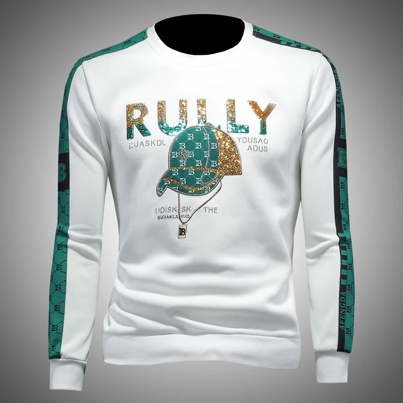 

Men's round Ne Sweatirt Embroidered Long Sve Autumn Winter Faionable Trendy Patchwork Base Layer T-irt Inner Wear