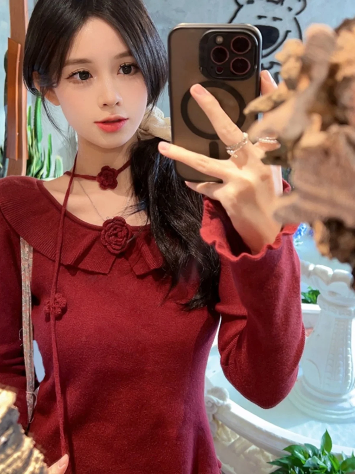 

Sweet And Spicy Style Short Knitted Long Sleeve Women's Top with Lace Hem Commute Korean Version Floral 3D Printed Super Cute