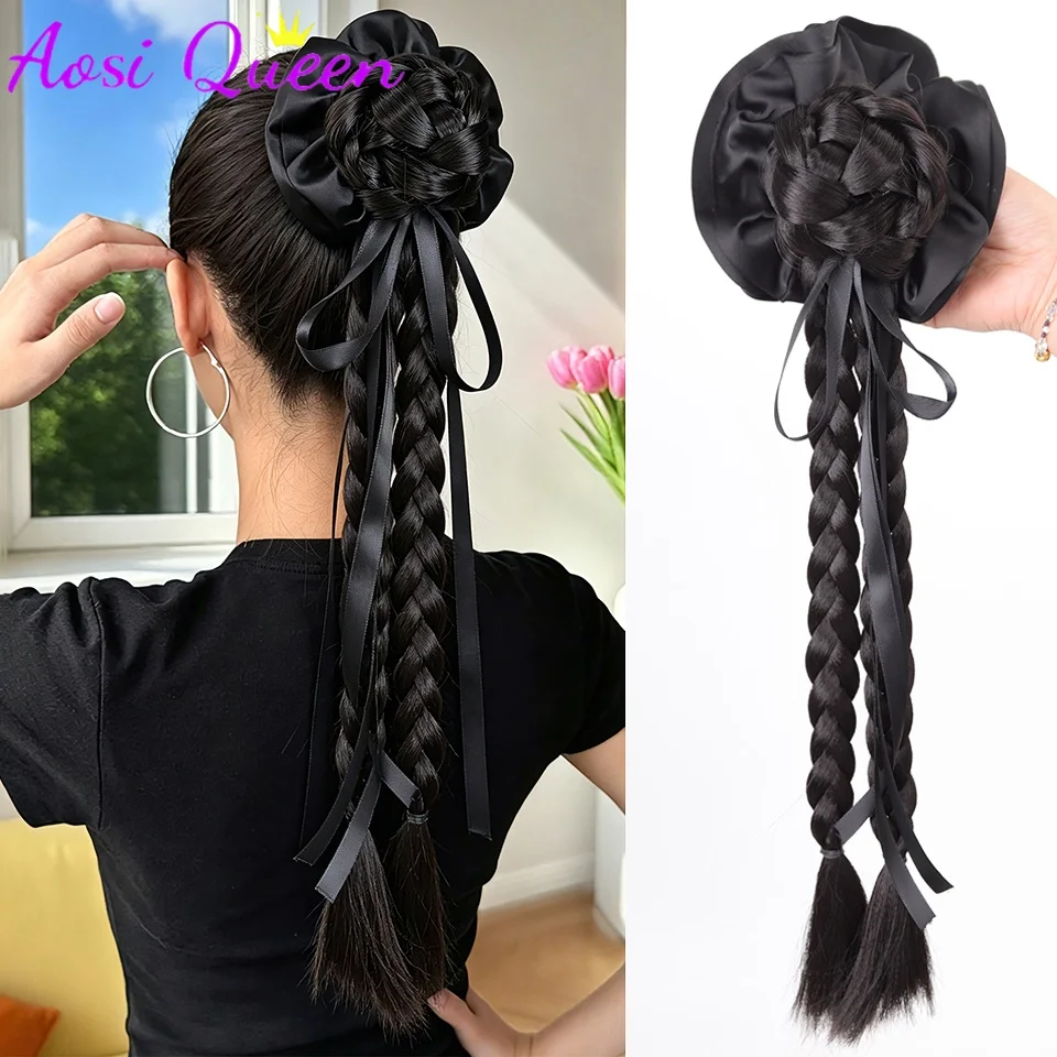 20Inch Synthetic New Chinese Style Ribbon Bun Double Braid Black Ponytail Extension With Clip Clips For Women Party Daily