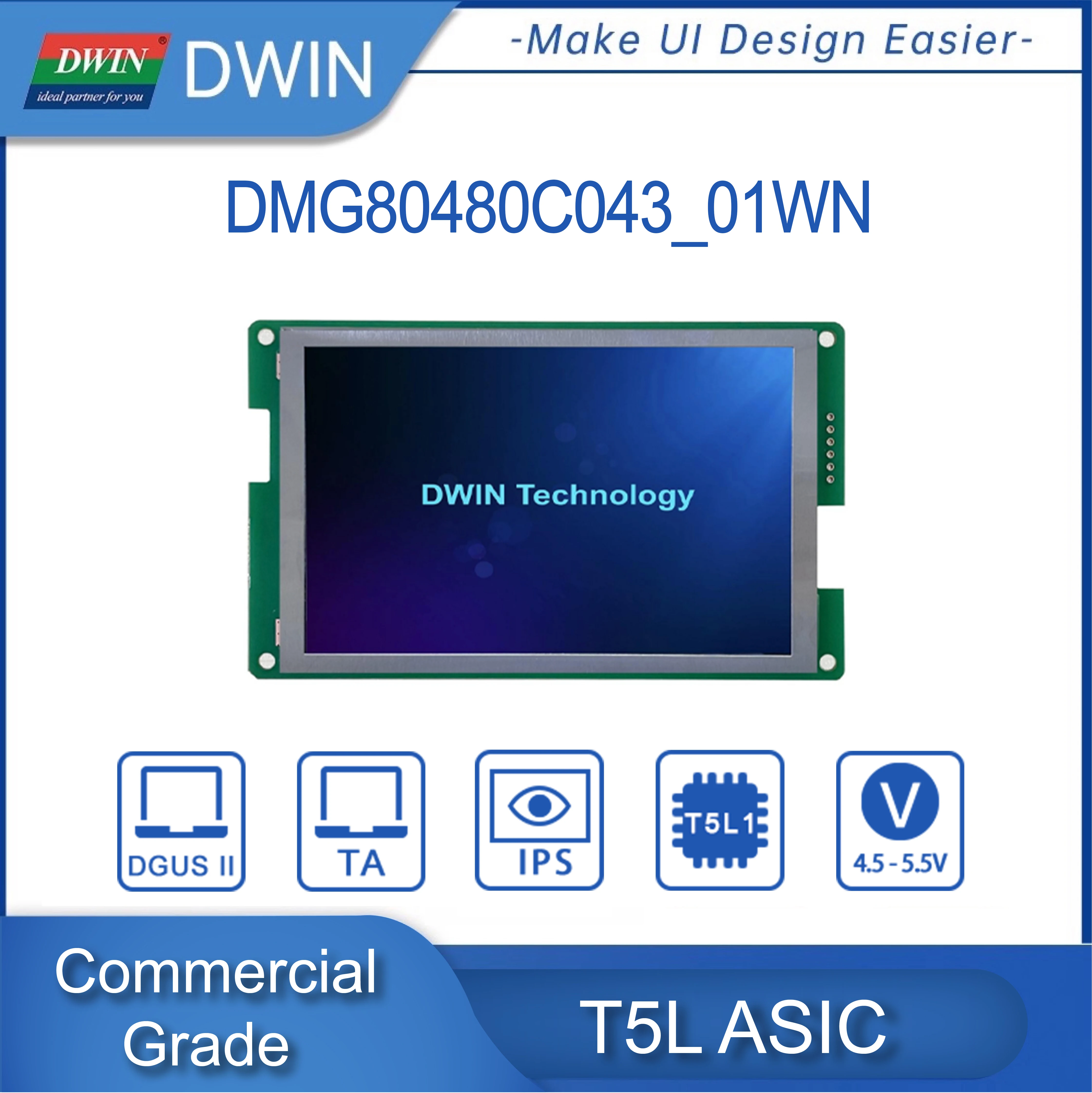 DWIN 4.3 Inch TFT LCD Module 800*480 Pixel Commercial Touch Screen TTL Smart Didplays HMI DMG80480C043_01W/02W