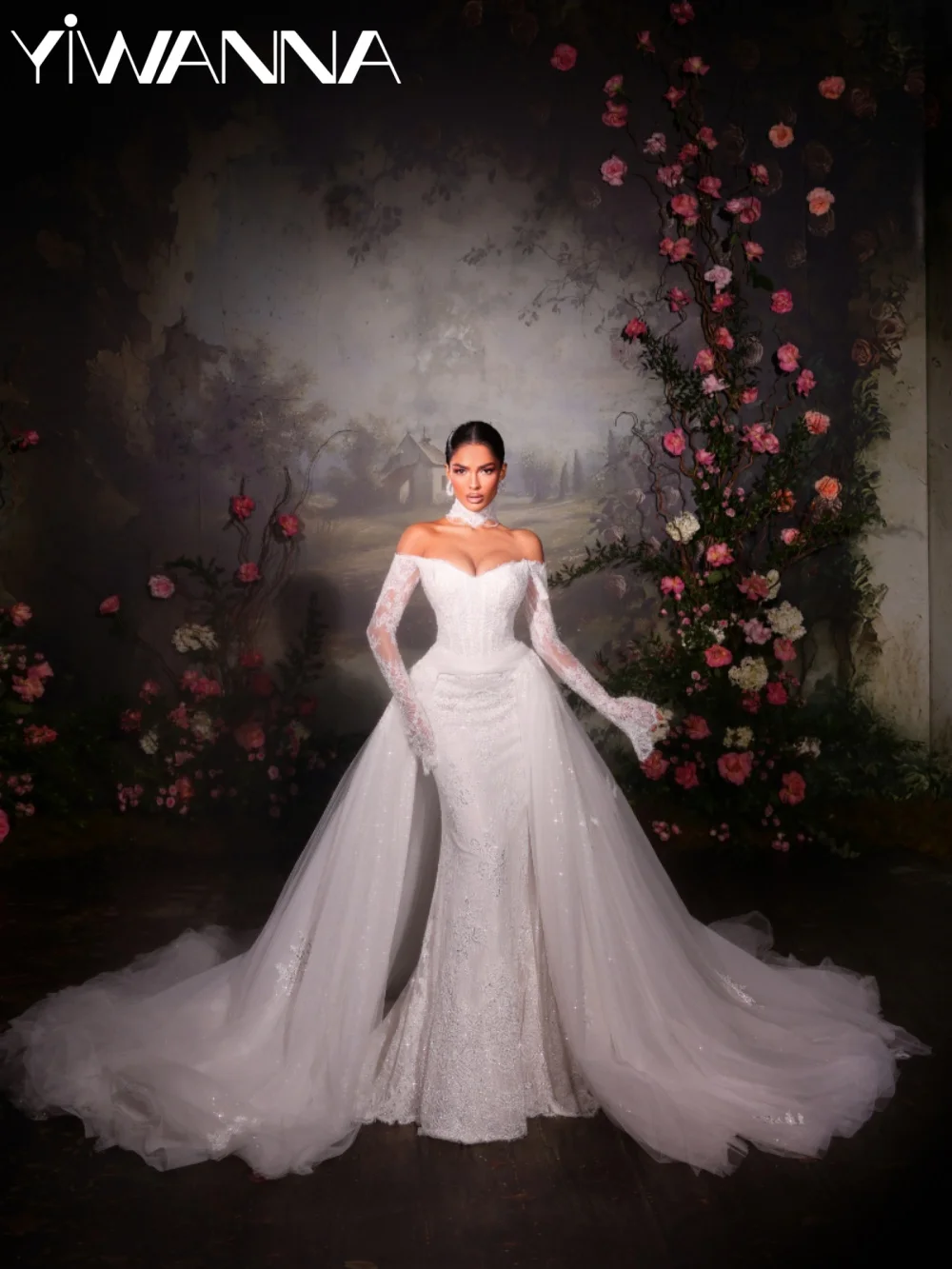 

Detachable Train Shinny Beaded Wedding Dress Dreamy Lace Off Shoulder Bridal Gown Customized Opulent Mermaid Dresses For Bride