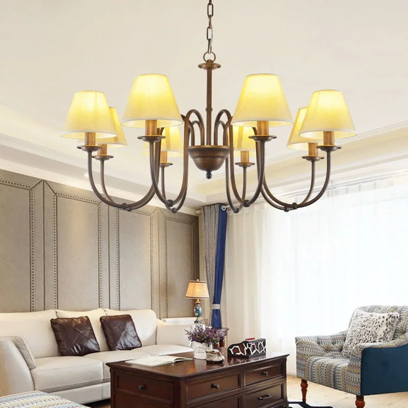 American Country Lustre Chandelier Retro Living Room Decor Bedroom Lamp Dining Room Fabric Lampshade Home Ceiling Pendant Lamps