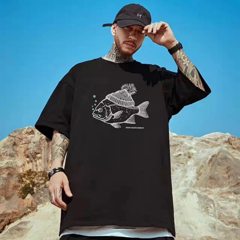 ZAZOMDE Retro Deep Sea Fish Flocked Print Cotton T-shirt Animal Pattern Round Neck Short-sleeved Tops For Men\'s Summer Tee