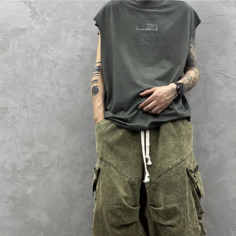 Wasteland Style Washed Distressed Loose Sleeveless T-shirt  All-Match Personality Waistcoat Ruffle Handsome Couple Vest Top T