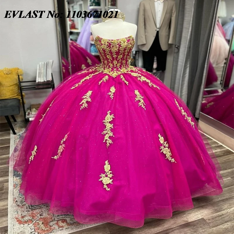 

EVLAST Customized Pink Quinceanera Dress Ball Gown Gold Lace Applique Beading Mexico Corset Sweet 16 Vestidos De 15 Anos SQ209