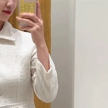 

Women's new style lapel slim dress long sleeve single breasted shirt style tweed elegant mini dress
