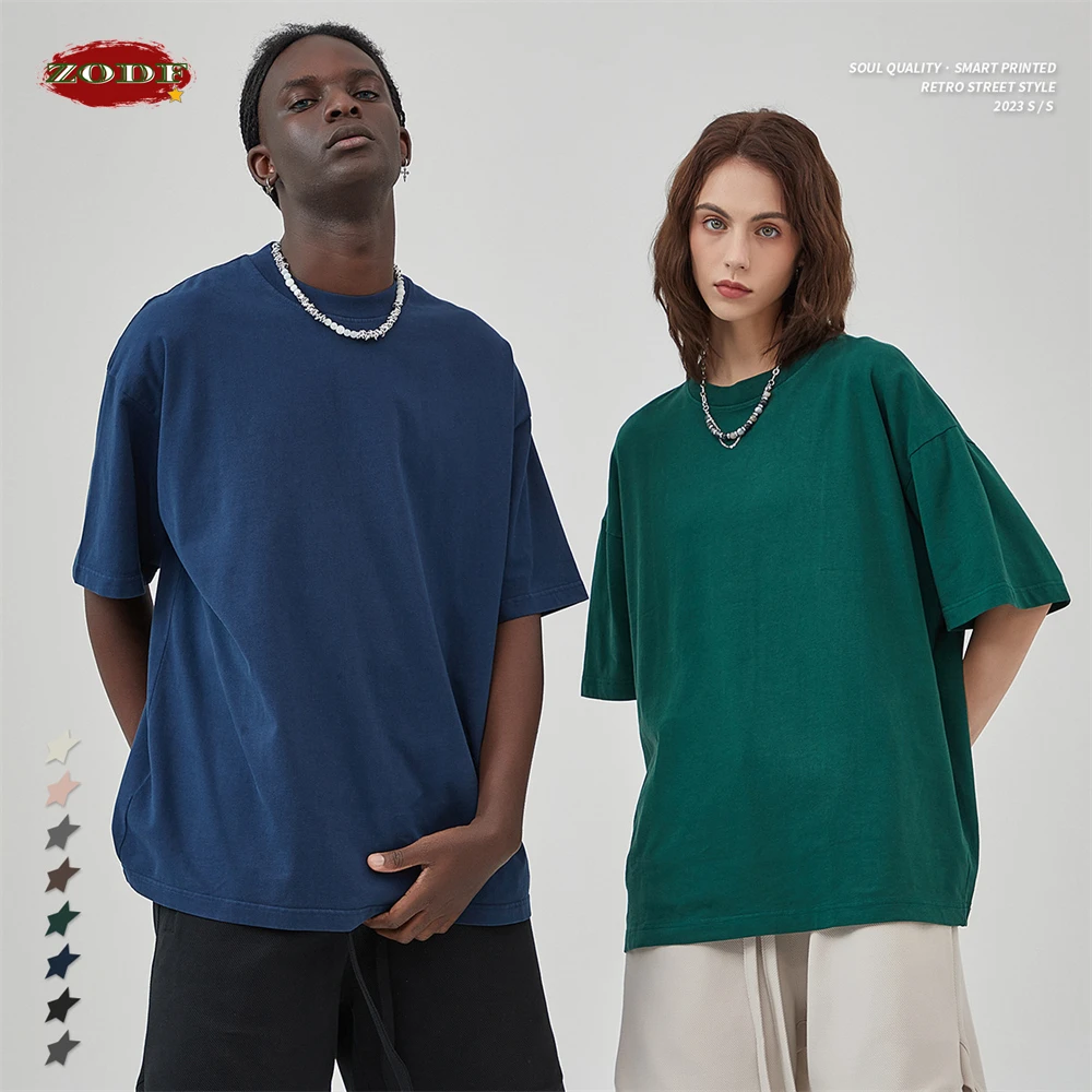 ZODF New Summer Solid Washed Cotton T-Shirts Streetwears For Men Unisex Retro High Street 275gsm Basic Tees Brand Tops HY0071