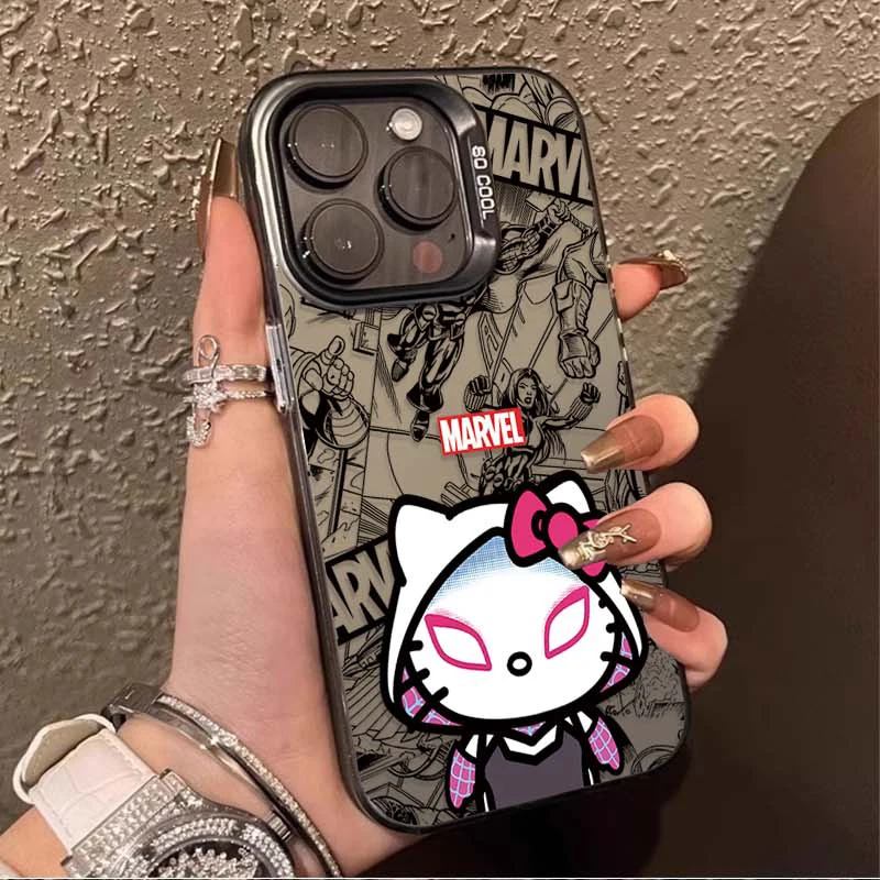 Marvel Spider Man Hello Kitty Plating Matte Case for iPhone 16 15 14 13 12 11 Pro Max XS X XR 8 7 Plus SE 2020 Shockproof Etui