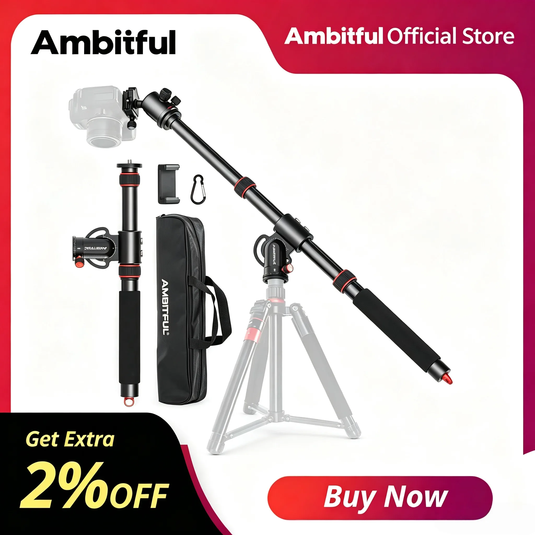Trépied en alliage d'aluminium Ambitful GM104, barre transversale extensible, longueur 48-106 cm, réglable pour Sony, Canon, Fuji, Nikon et téléphone portable