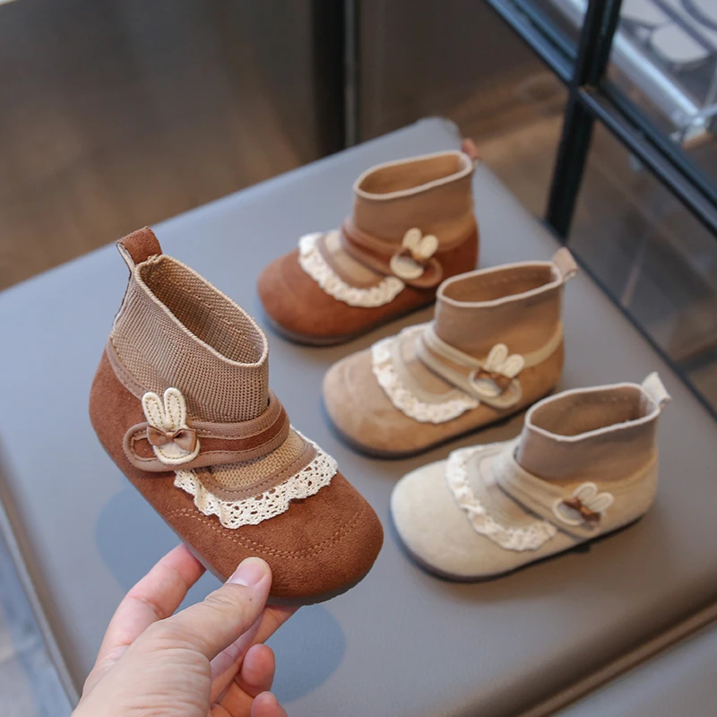 

New 2025 Girls Princess Boots Sweet Cute Rabbit Bowknot Children Fashion Boots Causal Elegant Lace Ruffled Edge Kids Ankle Boots