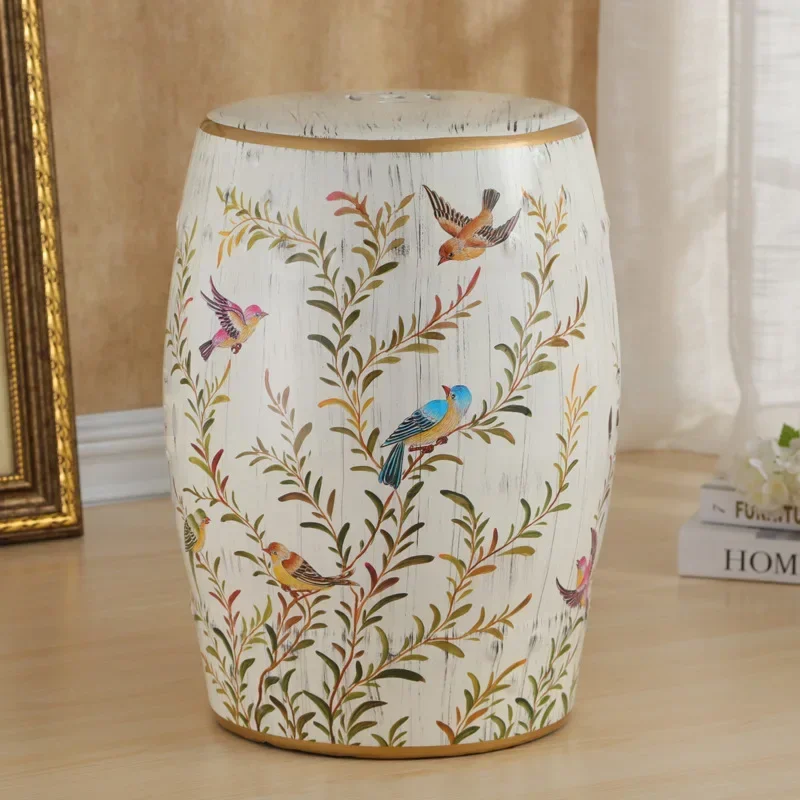 

New Chinese Ceramic Stool Flower Bird Antique Dressing Plant Drum Stool Oriental Porcelain Garden Stool Vintage Chinese Pottery