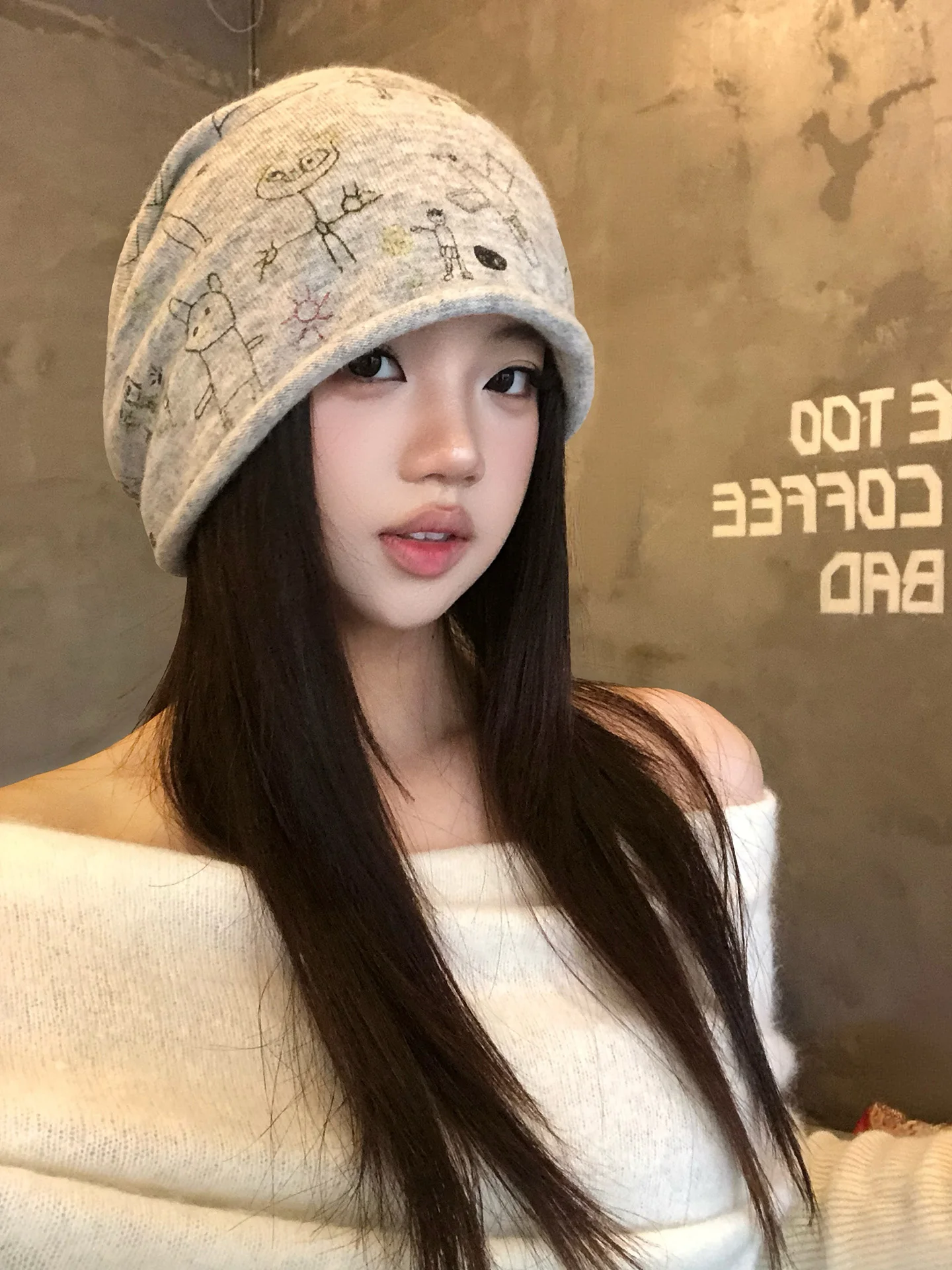 Hand-Painted Graffiti Cuffed Bucket Hat Women's New 2026 Loose Cold Cap Face Slimming Baggy Hat Casual Style round Top