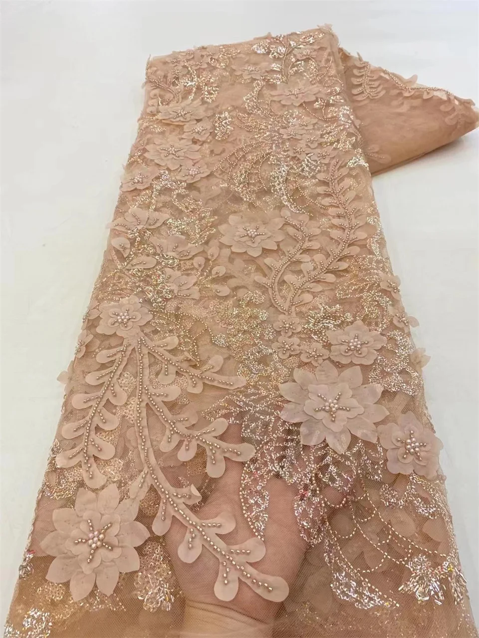 Tela de encaje con cuentas de flores nigerianas en 3D, Material de encaje de malla de lujo para coser vestidos de boda para mujer, tela de encaje con cuentas bordadas africanas
