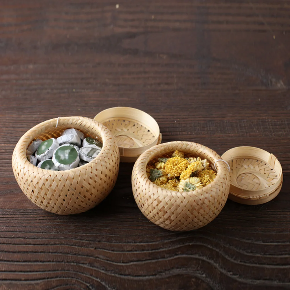 

1pc Bamboo Woven Canister Round Loose Tea Storage Jar Candy Container For Home Office Wedding Gift Use Kitchen Barware Tea