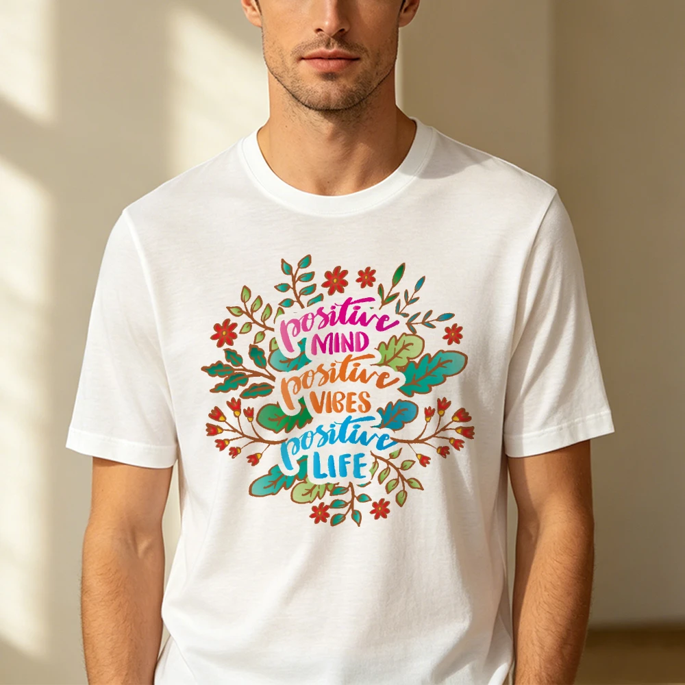 Hand Drawn Botanical Wreath Art T Shirt Men Positive Life Motivational Short Phrase Simple Wellness Street Short Sleeve Tee