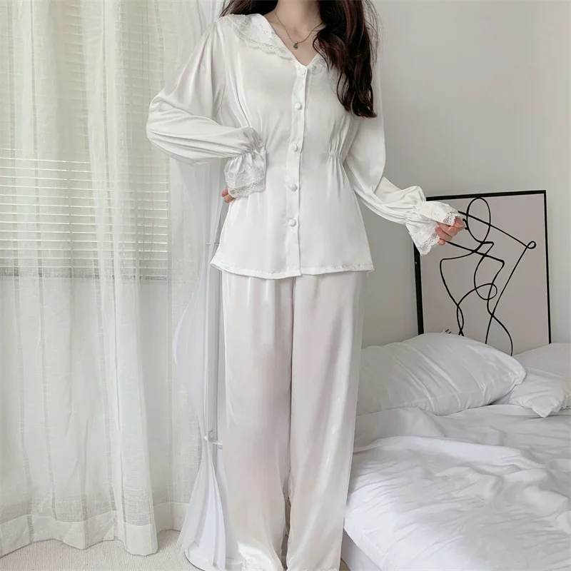 Spring Summer Pajamas Two-Piece Set New Women Thin Silk Satin Sleepwear Trouser Suit Casual Sweet Trouser Suits Pijamas Homewear