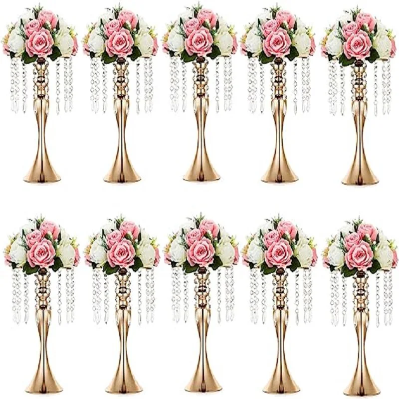 10 Pcs Wedding Centerpieces Vase for Tables, 54cm Tall Metal Gold Vases with Crystal Bead Chain for Wedding, Artificial