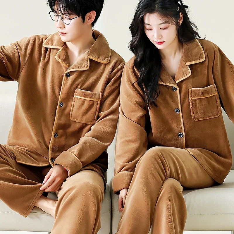 Korean Matching Couple Pajamas Sets for Woman Winter Thicken Warm Flannel Pyjama Women 2 Piece Set Outfit Casual Home Clothes