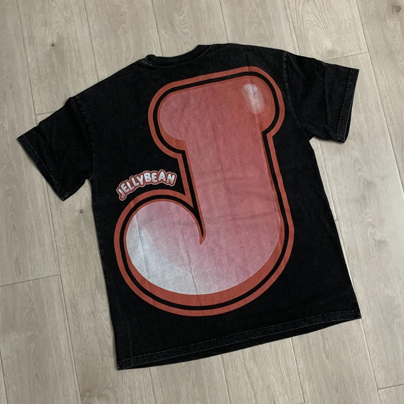 American Hip Hop Jellybean T-Shirt White Ink Direct Spray Breathable Hot Diamond Print Wash Water High Quality Tee Tops