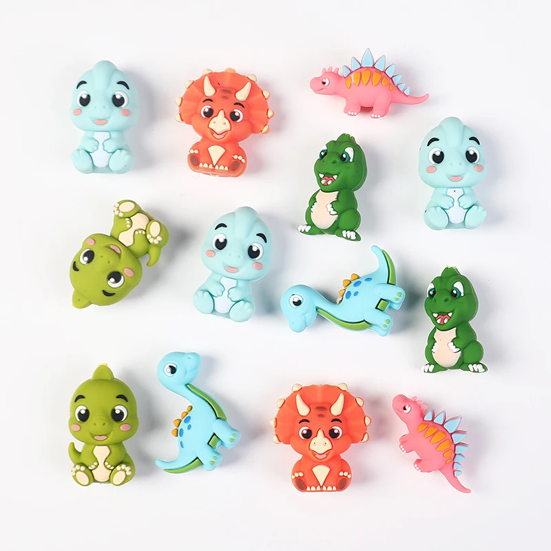 6Pcs 3D Dinosaur Shaped Silicone Beads Mixed Interval Beads, For DIY Necklace Bracelet Phone Chain Making Supplies Craft Accesso