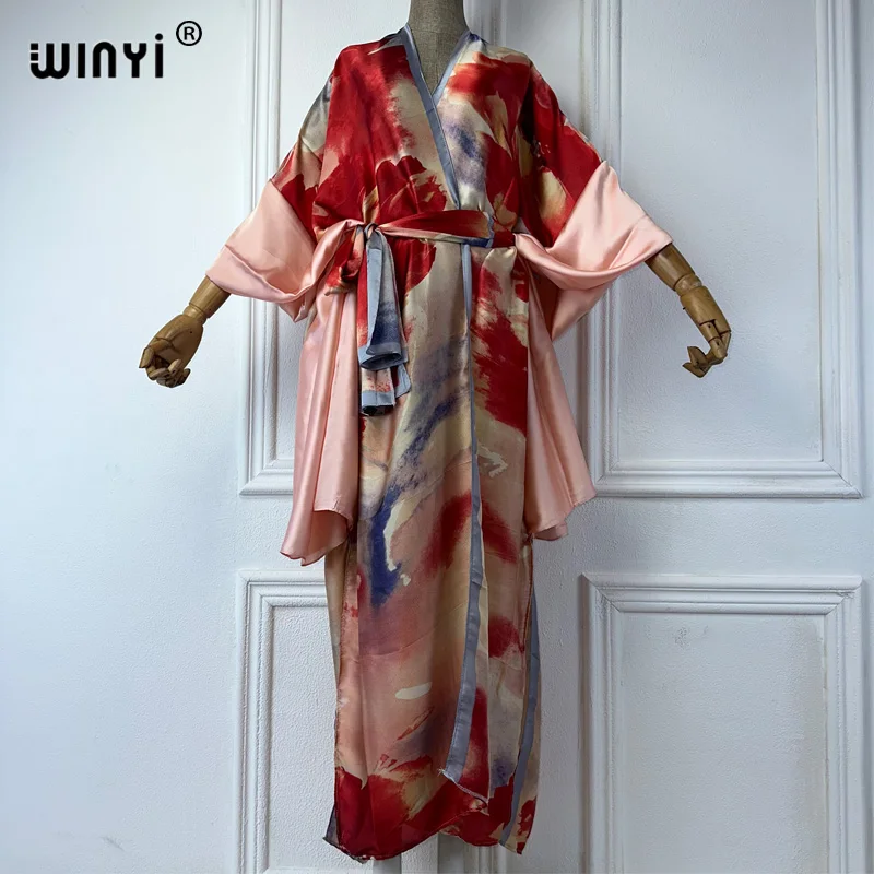 WINYI Summer Beach Wear Cover Up Lady Boho Cardigan luxury beachwear Silky and skin-friendly sexy Holiday Kimono maxi dress