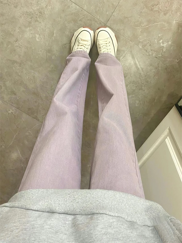 하이웨이스트 와이드 레그 데님 진 여성용 봄 가을 퍼플 루즈핏 플러스 사이즈 슬리밍 도파인 롱 팬츠