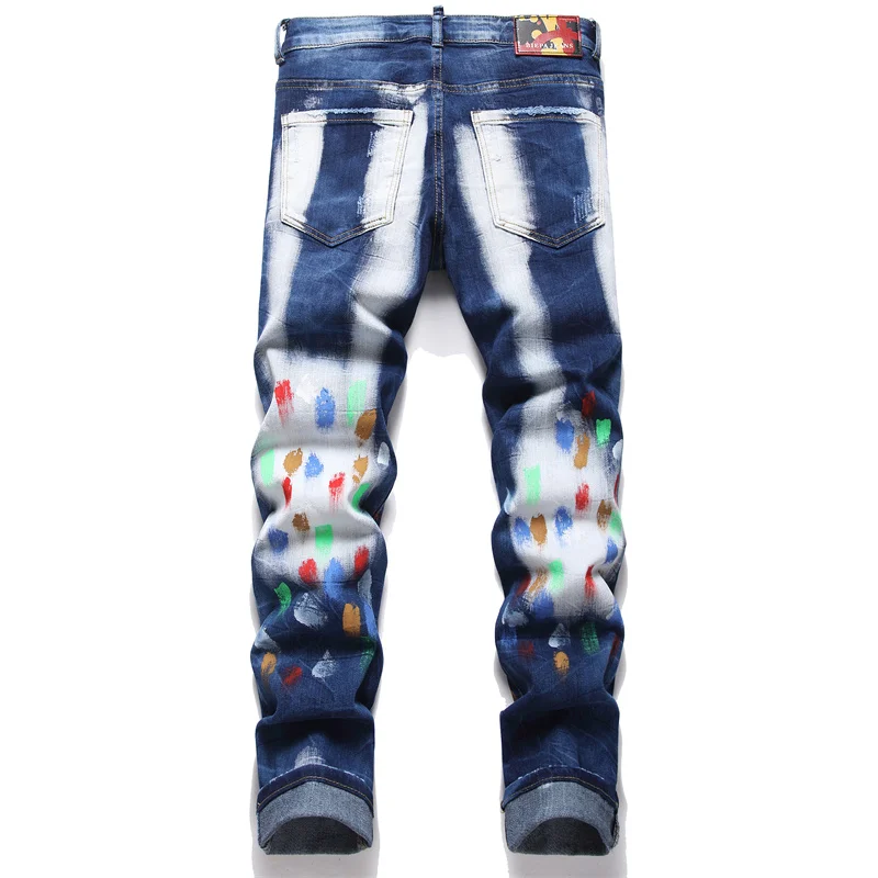 Personalized Paint Printing Design Trendy Jeans Men's Slim Stretch Street Fashion and Handsome Water Washed Hole Trousers