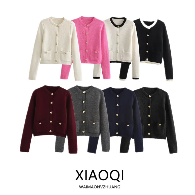Fall Winter New Arrival Women's Knitted Long Sleeve round Neck Coat Golden Button Decorated Regular Length Cardigan
