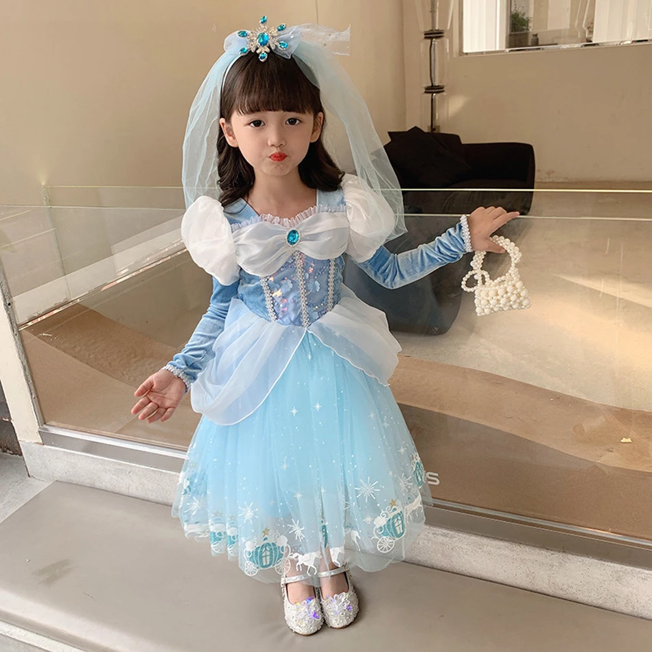 Ragazza cenerentola Princess Dress Halloween Christmas Ball Gown Girls Carnival Kid Costume Cosplay con guanti per la festa di compleanno